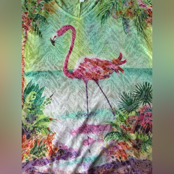 Ellen Negley Flamingo Tropical Cold Shoulder Short Sleeve Tunic Top XXL - Picture 7 of 7